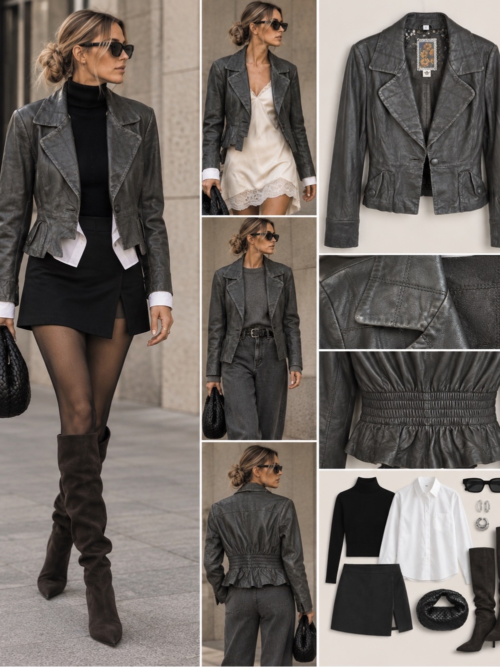 Burning Torch Genuine Leather Gray Moto Blazer Jacket Peplum Size S